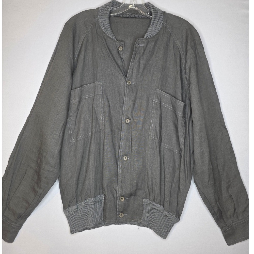 Luciano Barbera Gray Linen Jacket front zip collar chest pockets Size 50 US‎ Med